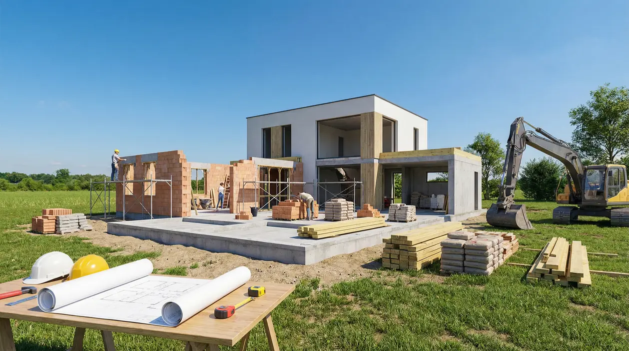 Costruzione di una villetta moderna di 120 mq con operai e materiali in cantiere