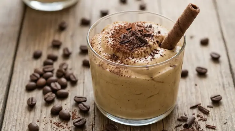 Bicchiere di crema caffè cremosa senza latte né panna con decorazioni di cioccolato