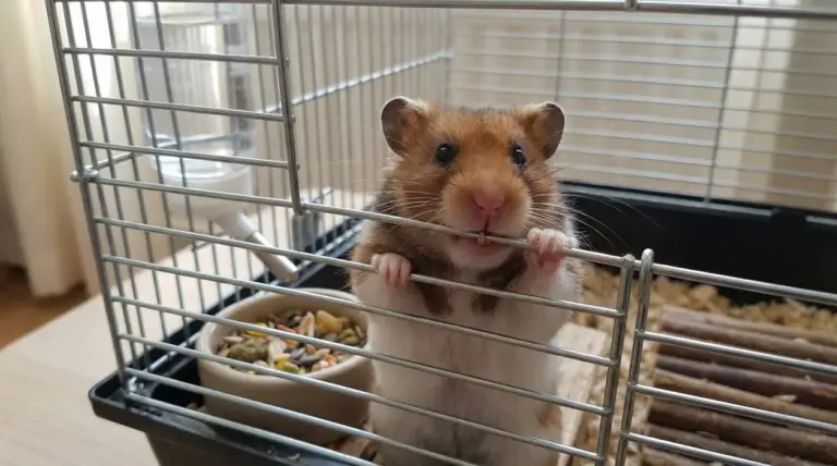 Criceto che morde le sbarre della gabbia da cui sporge la testa