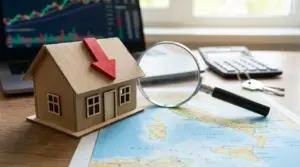 Modello di casa con freccia rossa verso il basso e lente d’ingrandimento su una mappa, simbolo di calo dei prezzi immobiliari