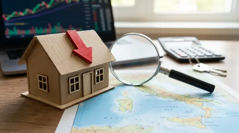 Modello di casa con freccia rossa verso il basso e lente d’ingrandimento su una mappa, simbolo di calo dei prezzi immobiliari