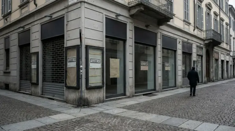 Vetrine di negozi chiusi in una strada cittadina, con una persona che cammina sul marciapiede