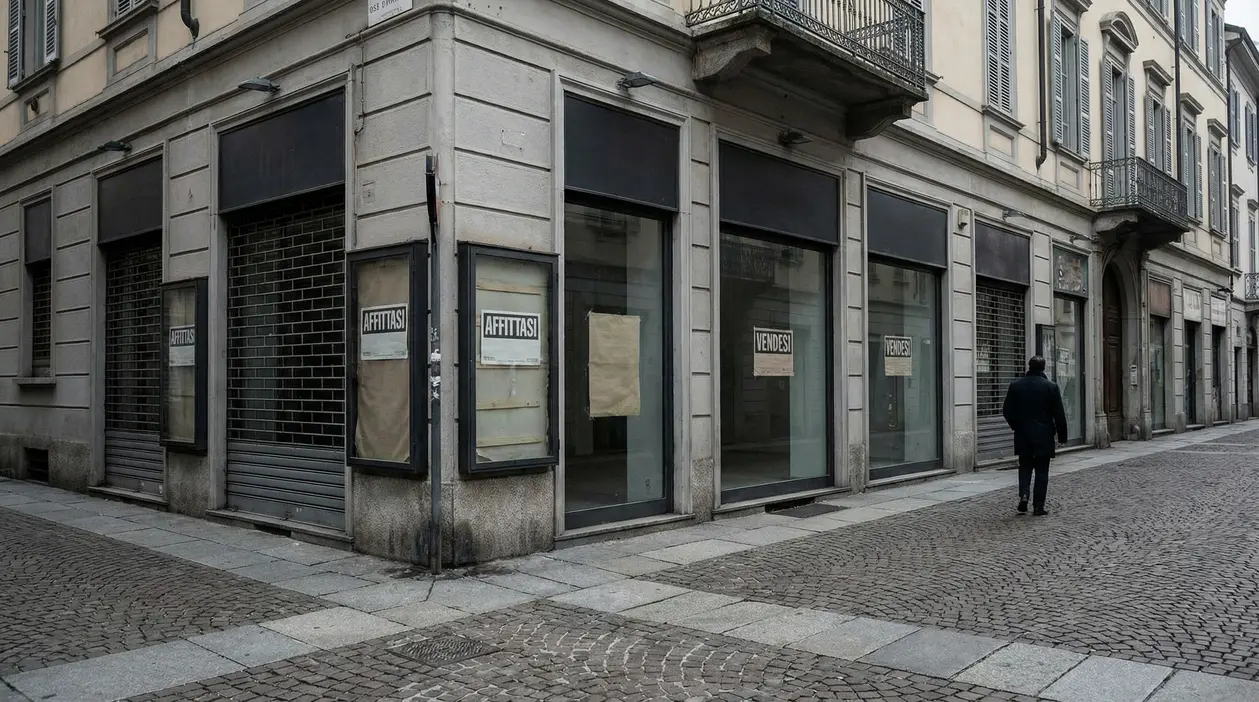 Vetrine di negozi chiusi in una strada cittadina, con una persona che cammina sul marciapiede