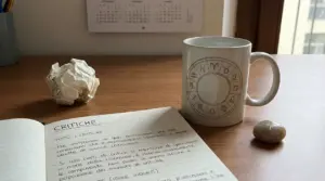 Tazza con simboli zodiacali su una scrivania accanto a un quaderno e una pietra con simbolo dei Pesci