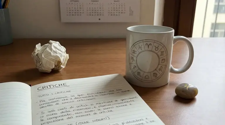 Tazza con simboli zodiacali su una scrivania accanto a un quaderno e una pietra con simbolo dei Pesci