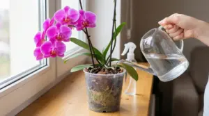 Annaffiatura di un'orchidea fiorita in vaso trasparente vicino a una finestra