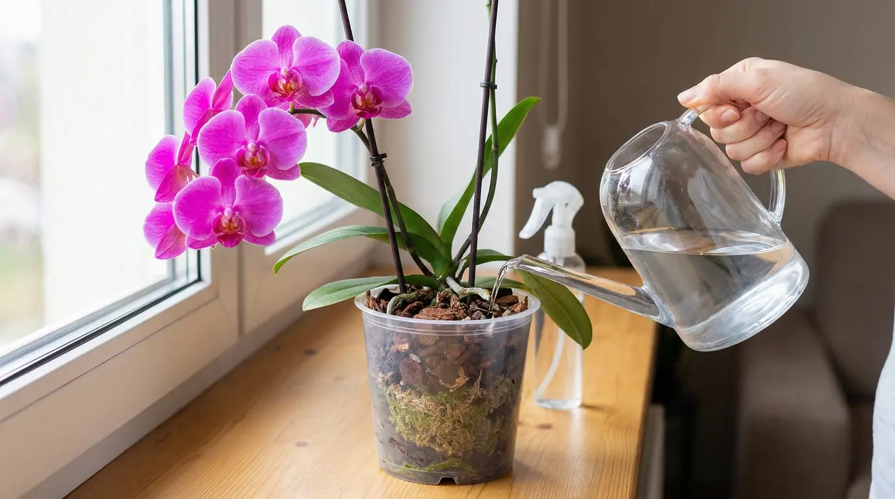 Annaffiatura di un'orchidea fiorita in vaso trasparente vicino a una finestra