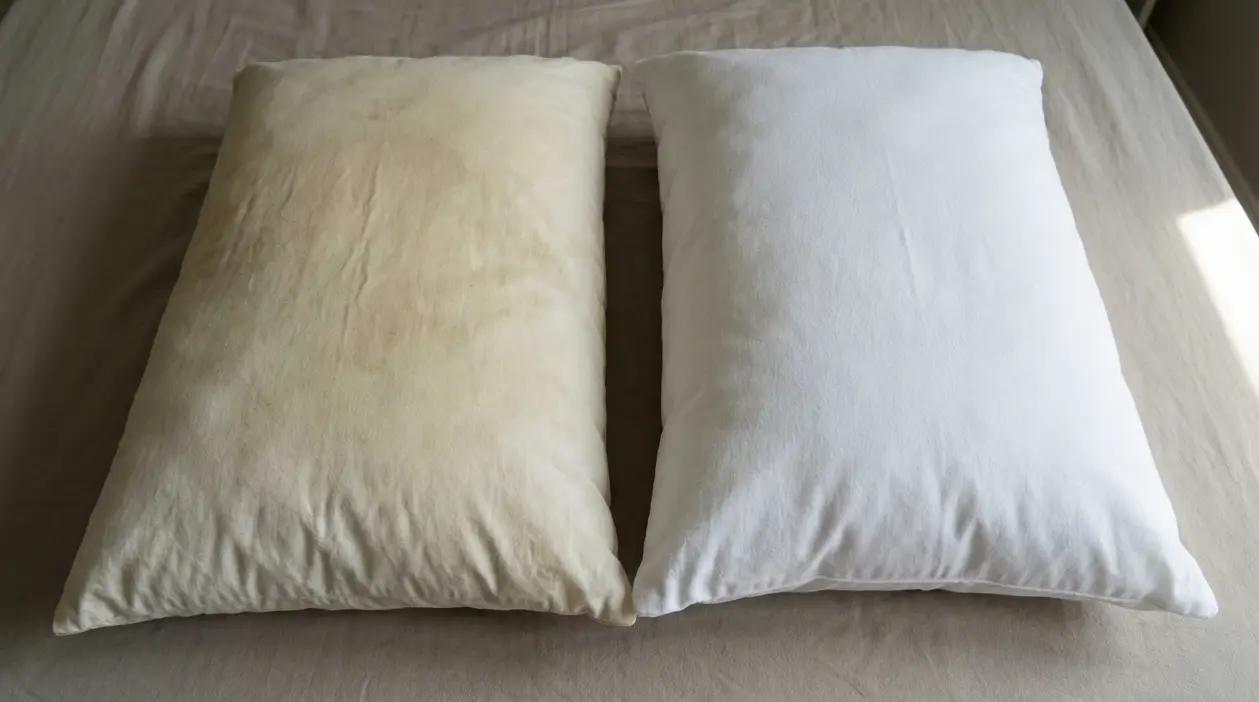 Due cuscini affiancati su un letto, uno ingiallito e uno bianco pulito