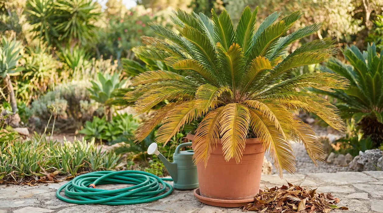 Pianta di cycas in vaso con foglie secche alla base in un giardino soleggiato