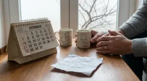 Calendario di dicembre 2025 su un tavolo con due tazze zodiacali e una persona con le mani intrecciate