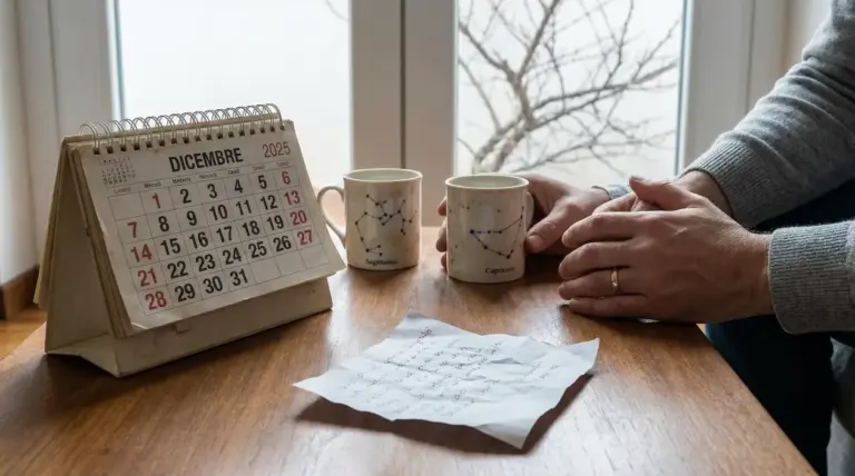 Calendario di dicembre 2025 su un tavolo con due tazze zodiacali e una persona con le mani intrecciate