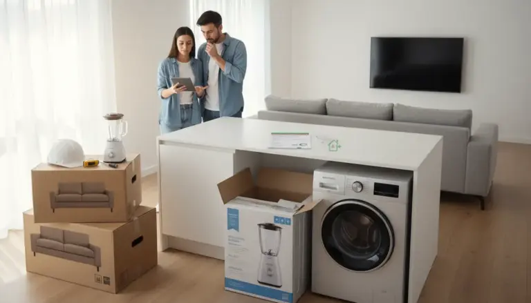 Due persone valutano documenti in cucina vicino a elettrodomestici e scatole per la casa