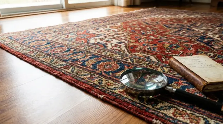 Tappeto orientale antico su parquet con lente d’ingrandimento sul bordo e un libro vicino