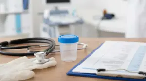 Contenitore per analisi delle urine, stetoscopio e documenti medici su un tavolo clinico