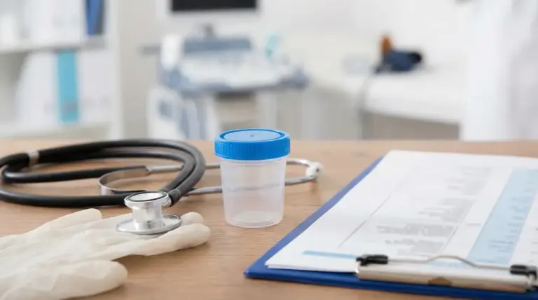 Contenitore per analisi delle urine, stetoscopio e documenti medici su un tavolo clinico