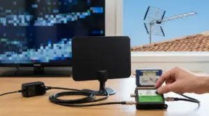 Antenna TV da interno con amplificatore e cavi sul tavolo, con TV che mostra segnale digitale terrestre disturbato