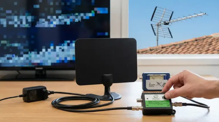 Antenna TV da interno con amplificatore e cavi sul tavolo, con TV che mostra segnale digitale terrestre disturbato