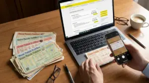 Persona che fotografa buoni fruttiferi postali cartacei con lo smartphone accanto a un laptop su una scrivania