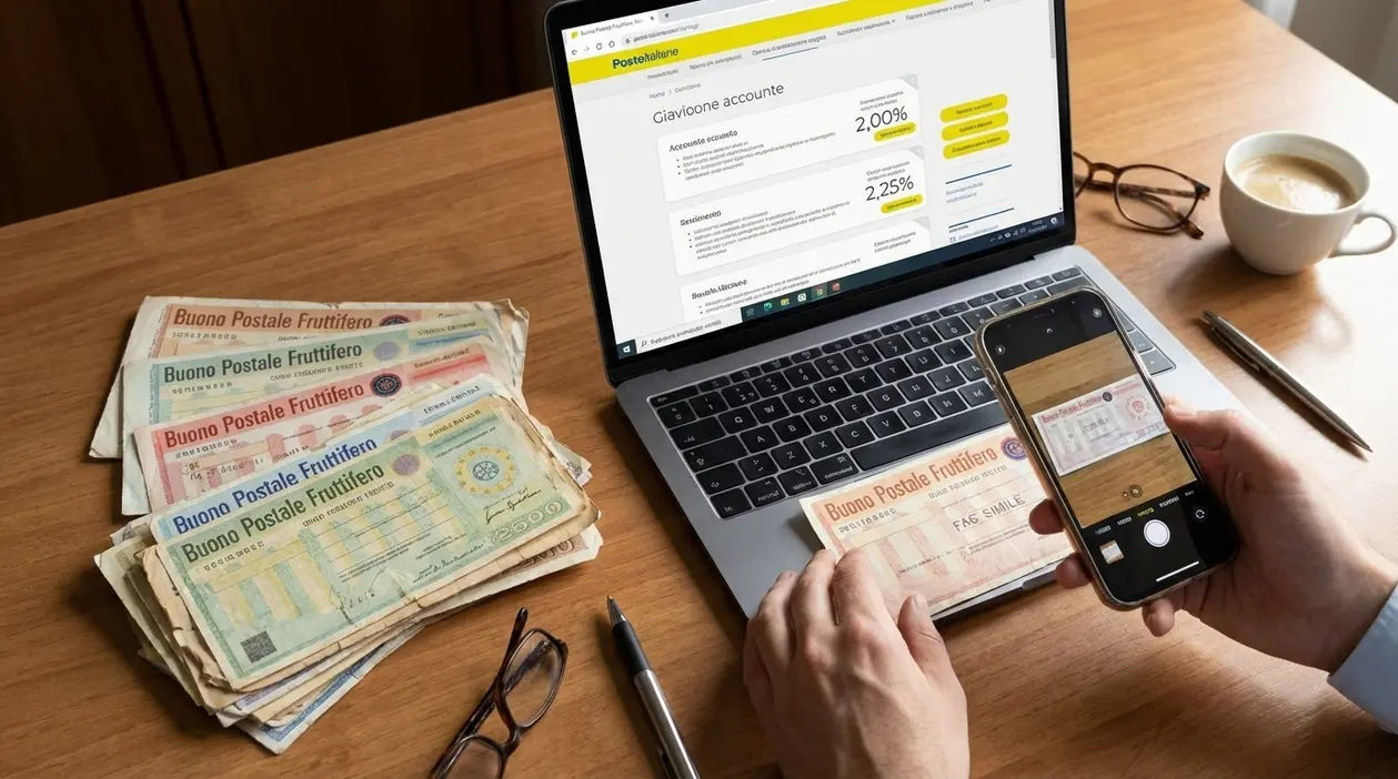 Persona che fotografa buoni fruttiferi postali cartacei con lo smartphone accanto a un laptop su una scrivania