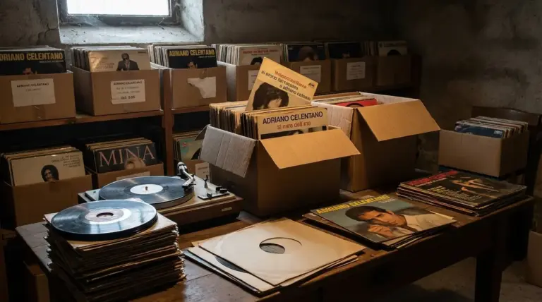 Scatole di dischi in vinile italiani in cantina, con giradischi e pile di LP su un tavolo