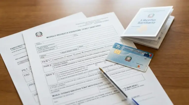Modulo per richiesta esenzione ticket con tessera sanitaria, libretto sanitario e penna su una scrivania