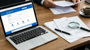 Laptop con portale della Pubblica Amministrazione e documenti su scrivania per domanda di invalidità civile