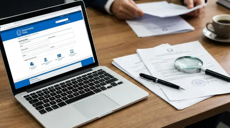 Laptop con portale della Pubblica Amministrazione e documenti su scrivania per domanda di invalidità civile