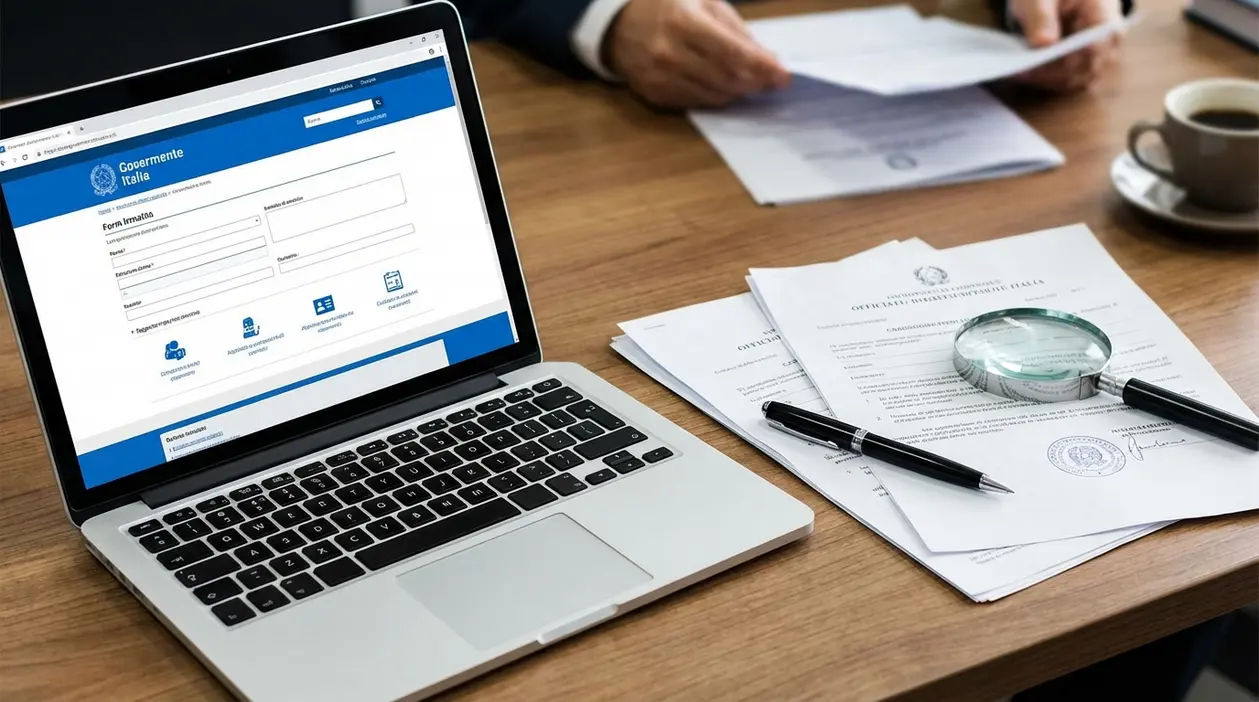 Laptop con portale della Pubblica Amministrazione e documenti su scrivania per domanda di invalidità civile