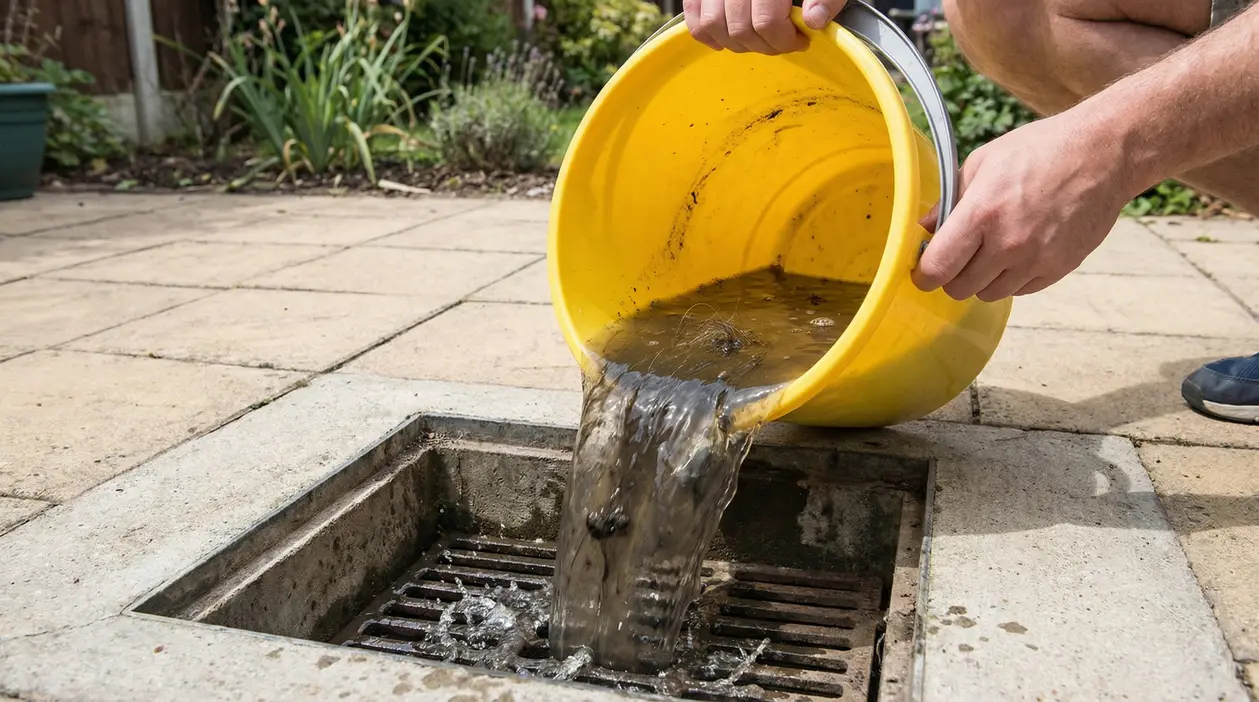 Persona che versa acqua sporca da un secchio giallo in uno scarico esterno