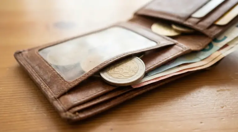 Portafoglio in pelle con una moneta da 2 euro con la casa e banconote in euro su un tavolo di legno