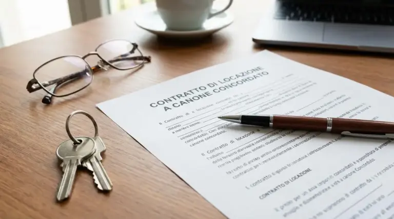 Contratto di locazione a canone concordato su scrivania con penna e mazzo di chiavi, contesto di affitto e durata minima