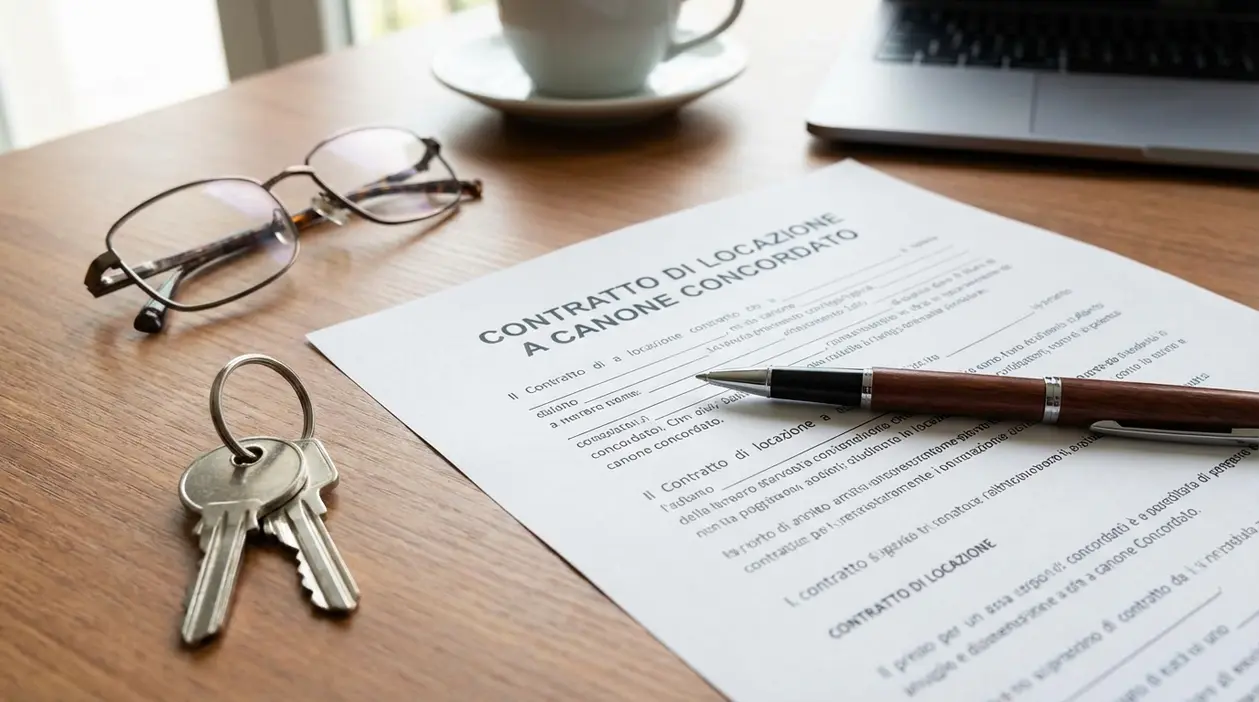 Contratto di locazione a canone concordato su scrivania con penna e mazzo di chiavi, contesto di affitto e durata minima
