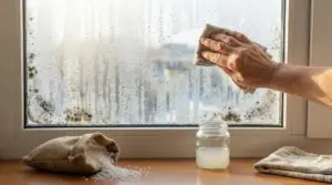 Una persona pulisce un vetro appannato con muffa utilizzando un panno