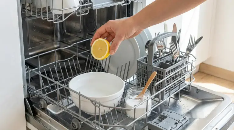 Una mano inserisce mezzo limone in una lavastoviglie aperta con una ciotola e bicarbonato