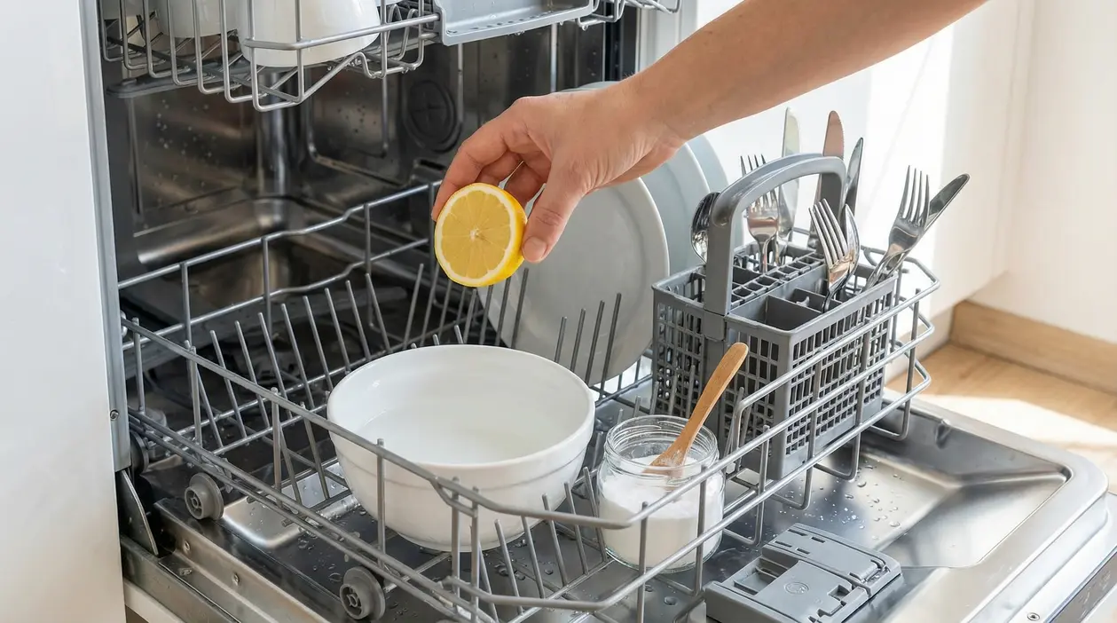 Una mano inserisce mezzo limone in una lavastoviglie aperta con una ciotola e bicarbonato