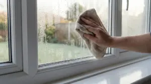 Una mano asciuga la condensa su una finestra con un panno morbido