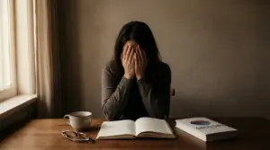 Persona seduta a un tavolo con le mani sul viso, accanto a un libro e una tazza