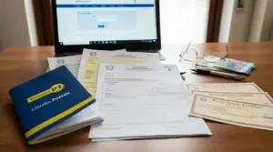 Libretto postale, moduli e buoni fruttiferi su una scrivania con computer per pratiche di rimborso eredità