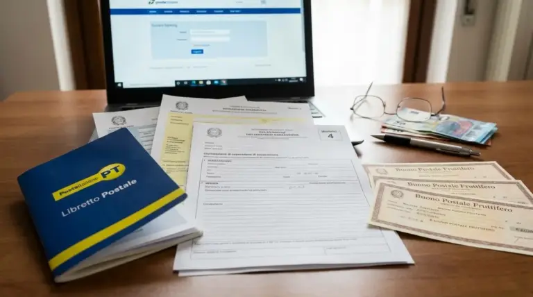 Libretto postale, moduli e buoni fruttiferi su una scrivania con computer per pratiche di rimborso eredità