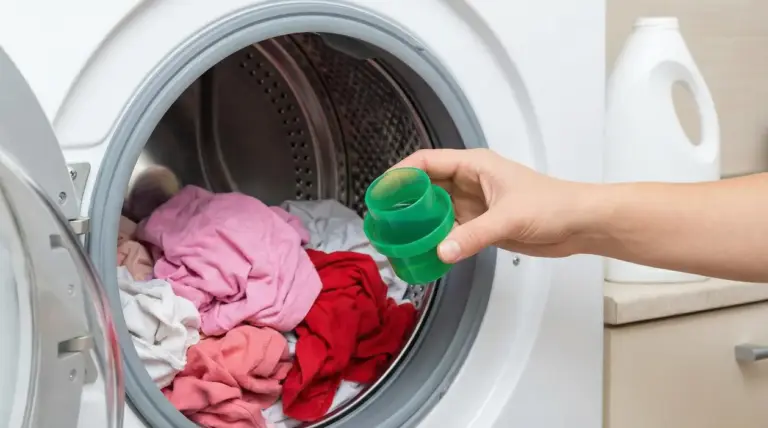 Una mano tiene un dosatore davanti a una lavatrice carica di panni colorati
