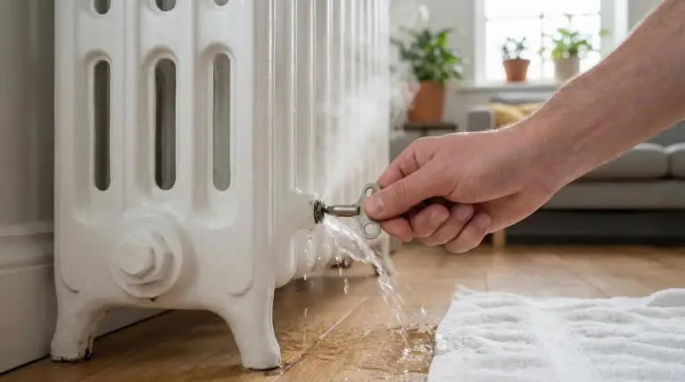 Una mano utilizza una chiave per spurgare un termosifone da cui esce acqua