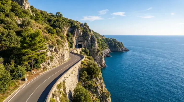 Strada panoramica sulla Costiera Amalfitana a picco sul mare con tunnel nella roccia