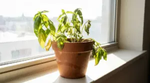 Pianta di basilico appassita in un vaso di terracotta su un davanzale soleggiato