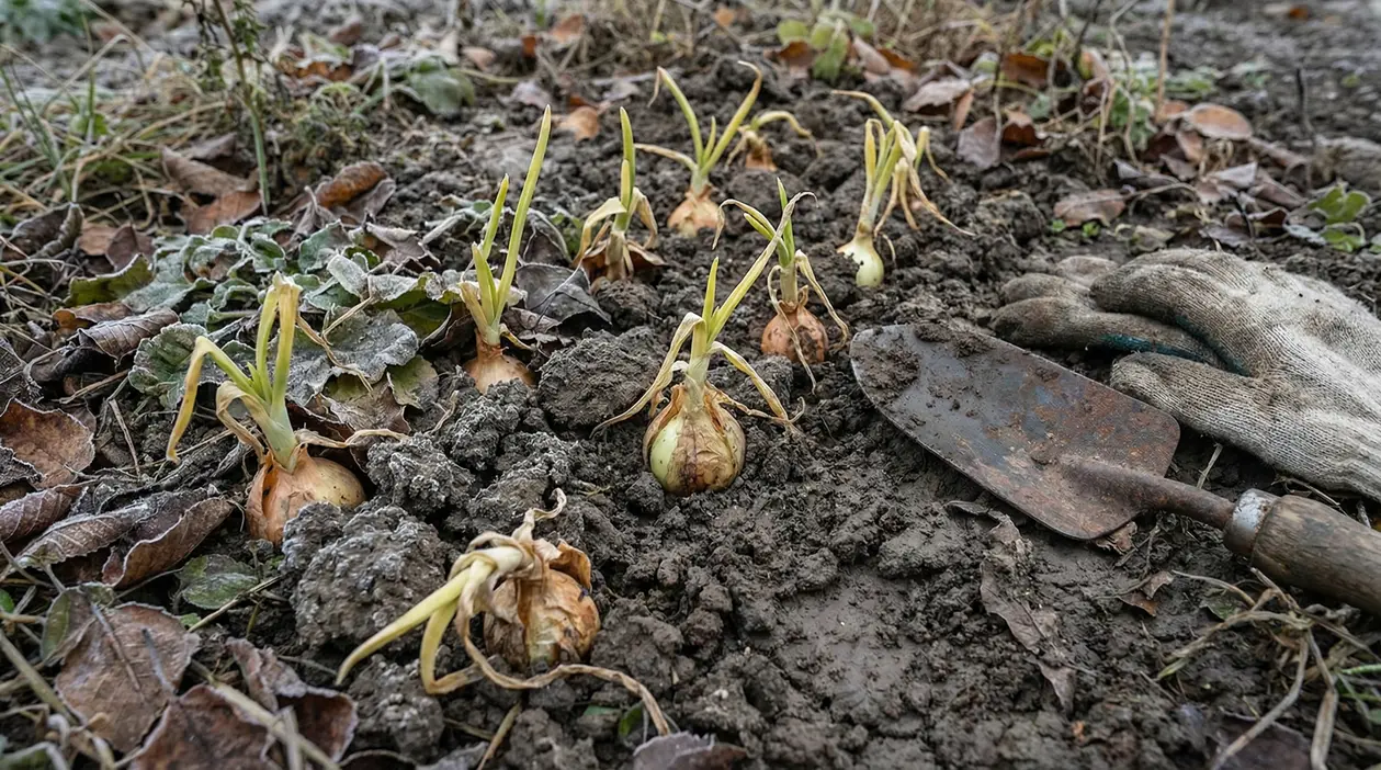 Piantine di cipolla in un terreno freddo e umido con guanti da giardinaggio e una paletta arrugginita