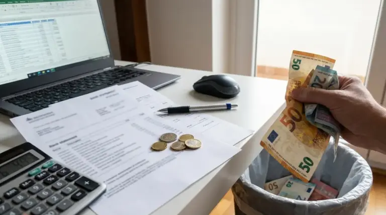 Mano che getta banconote in un cestino accanto a bollette, calcolatrice e computer con foglio di calcolo