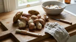 Funghi freschi su un tagliere con coltello, pennello e strofinaccio da cucina