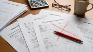 Moduli di richiesta finanziamento sul tavolo con penna rossa e una X, accanto a calcolatrice e occhiali