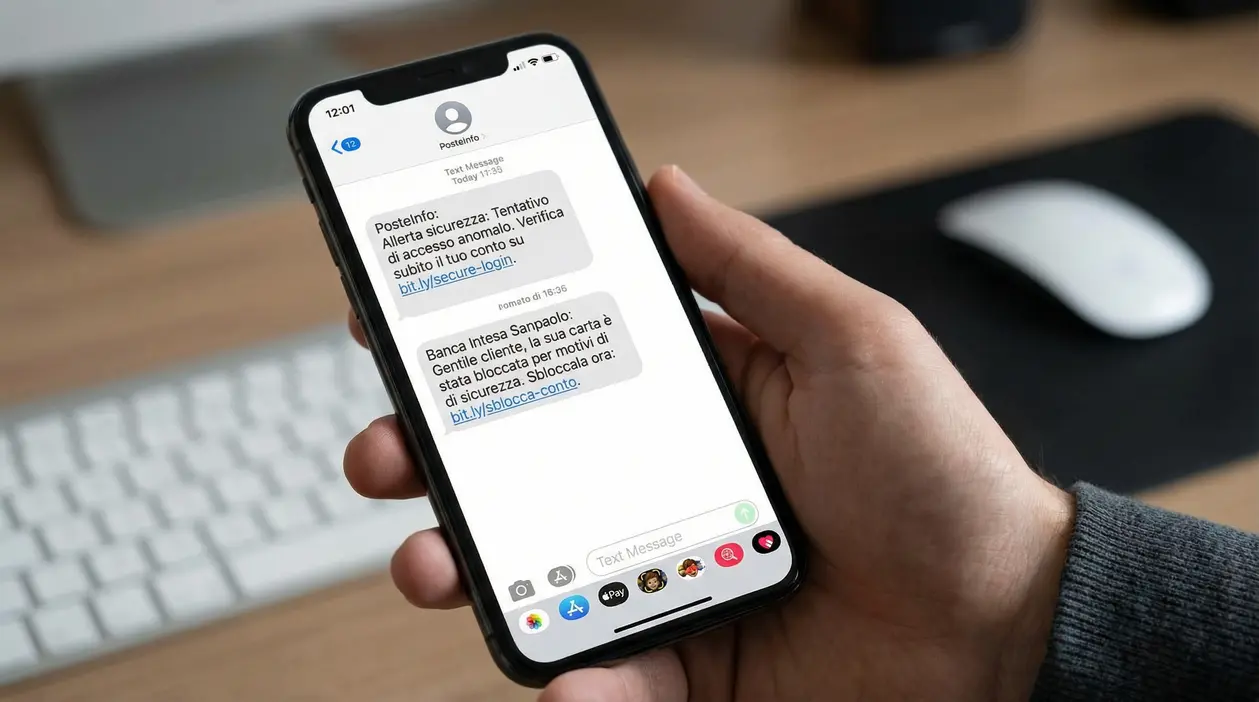 Una persona tiene uno smartphone che mostra messaggi fraudolenti via SMS