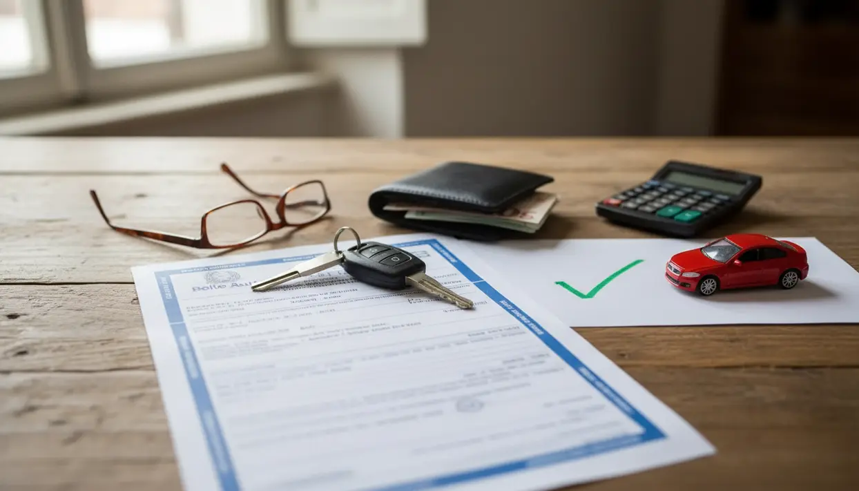 Documenti auto con chiavi, portafoglio e calcolatrice su un tavolo, accanto a una macchinina rossa