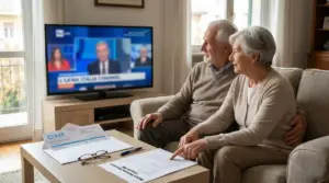 Coppia di anziani sul divano con documenti sul tavolo mentre guarda la TV, tema esenzione canone Rai per età